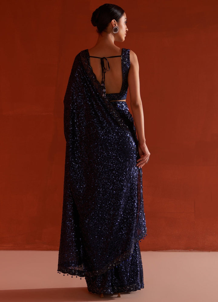 Midnight Blue Georgette Sequin Saree Set With Sleveless Blouse Angad Singh - Fabilicious Fashion