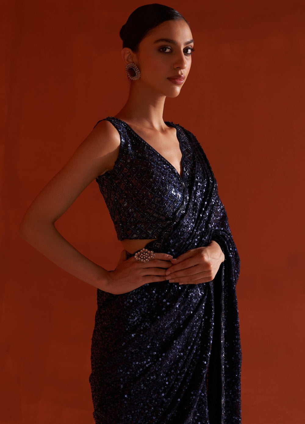 Midnight Blue Georgette Sequin Saree Set With Sleveless Blouse Angad Singh - Fabilicious Fashion