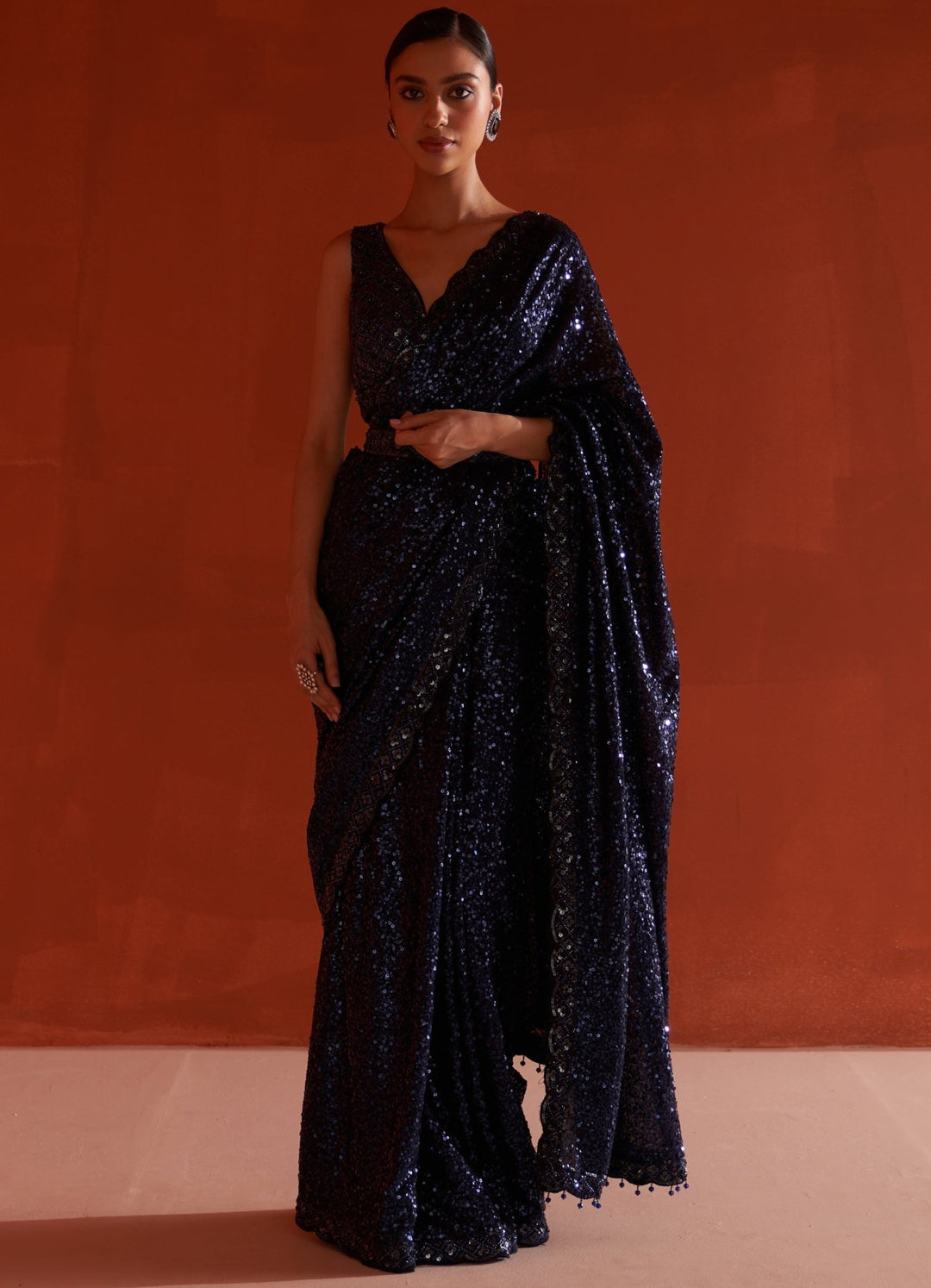 Midnight Blue Georgette Sequin Saree Set With Sleveless Blouse Angad Singh - Fabilicious Fashion