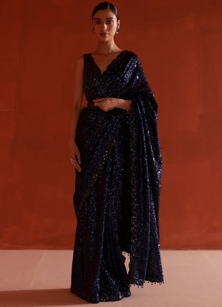 Midnight Blue Georgette Sequin Saree Set With Sleveless Blouse Angad Singh - Fabilicious Fashion