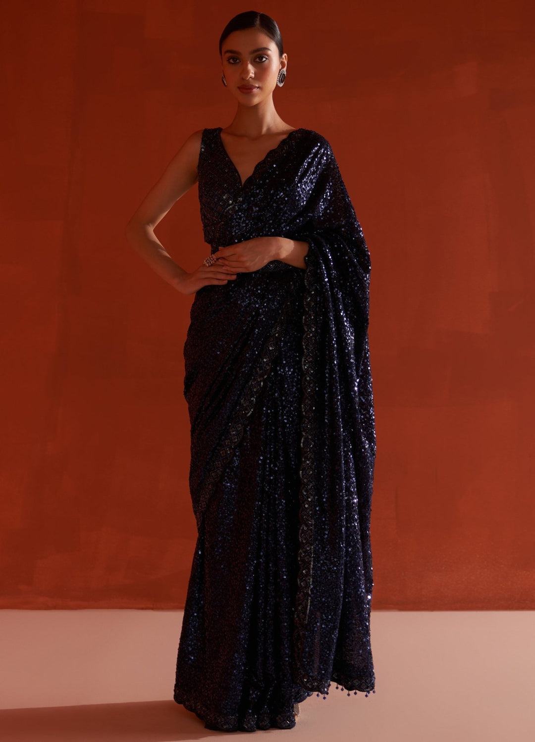 Midnight Blue Georgette Sequin Saree Set With Sleveless Blouse Angad Singh - Fabilicious Fashion