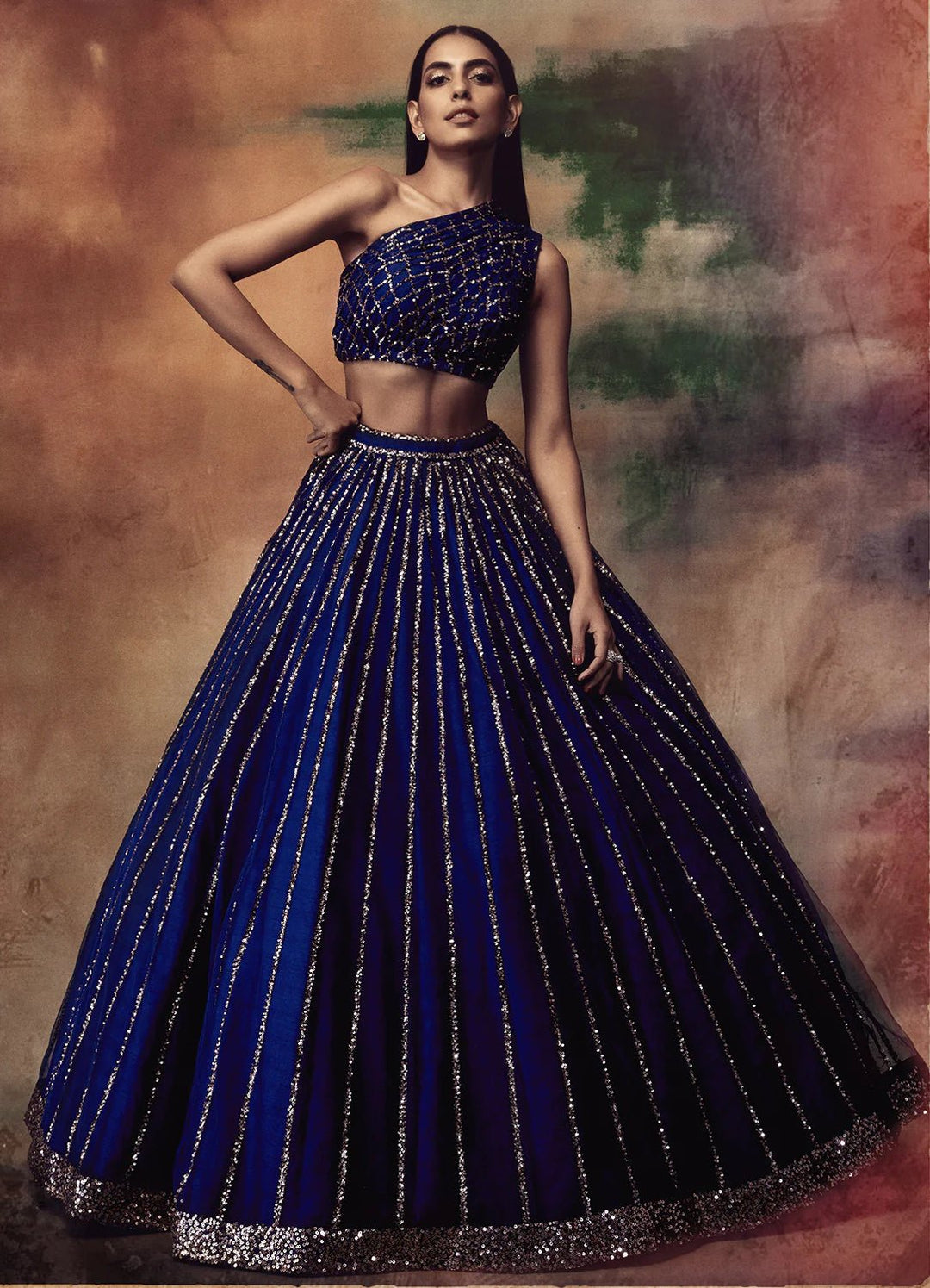 Midnight Blue One Shoulder Crop Top Lehenga Set Vvani by Vani Vats - Fabilicious Fashion