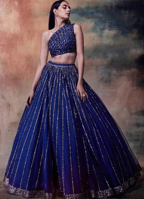 Midnight Blue One Shoulder Crop Top Lehenga Set Vvani by Vani Vats - Fabilicious Fashion