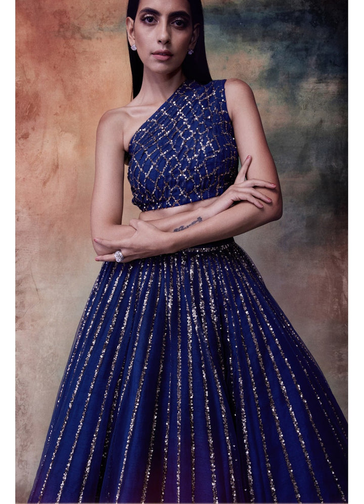 Midnight Blue One Shoulder Crop Top Lehenga Set Vvani by Vani Vats - Fabilicious Fashion