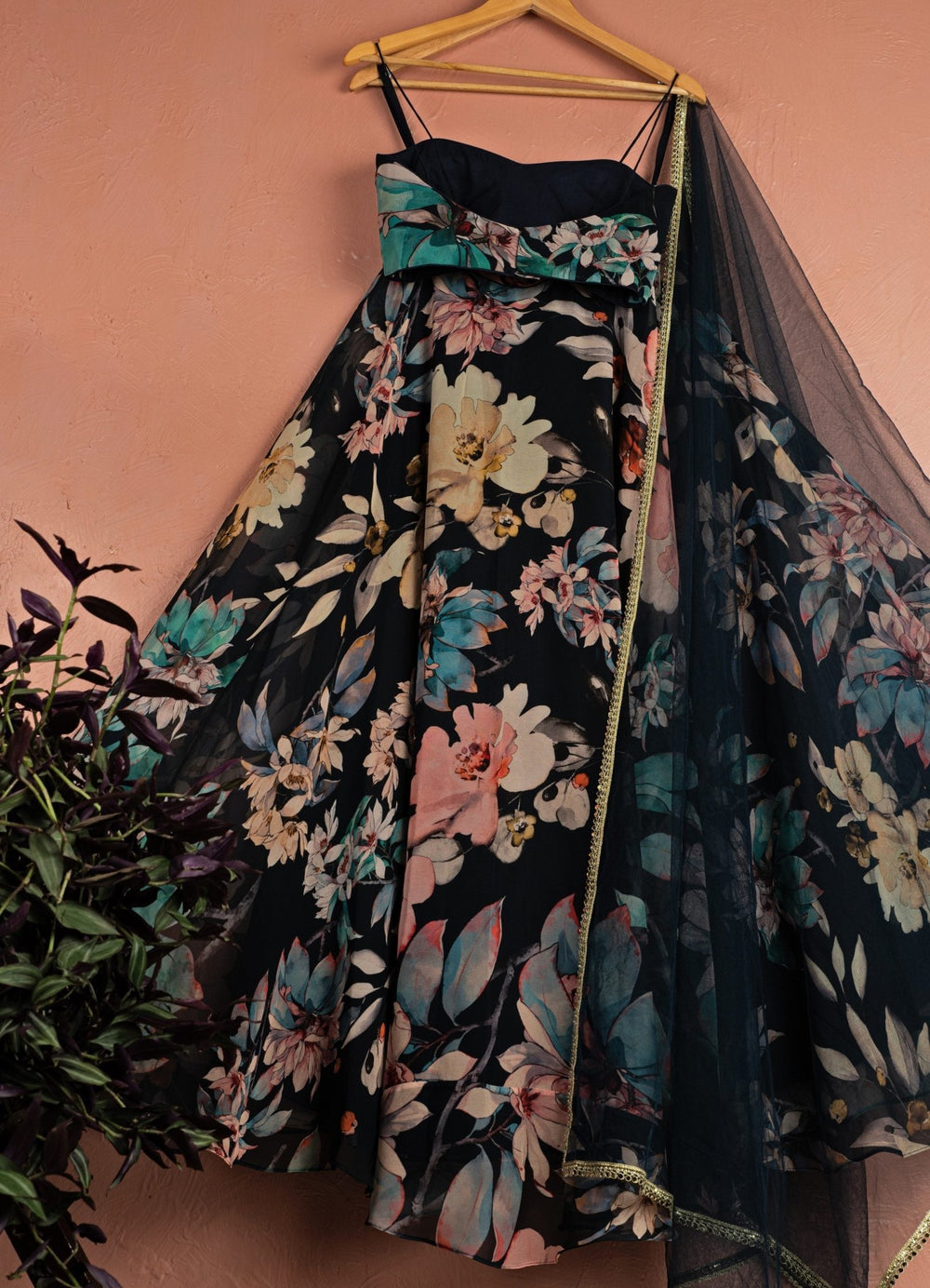 Midnight Blue Printed Georgette Lehenga Set With Net Dupatta Anisha Shetty - Fabilicious Fashion