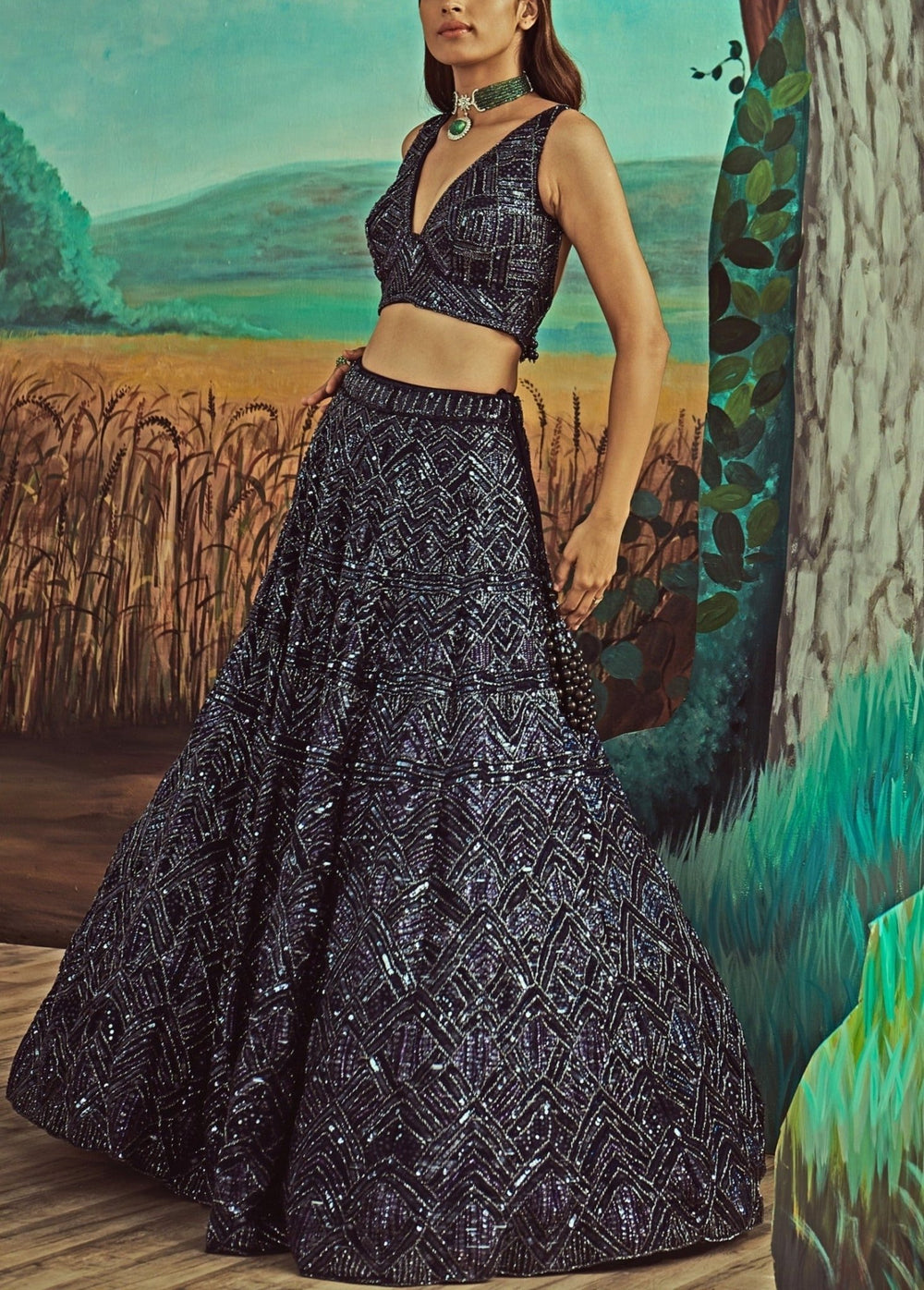 Midnight Blue Sequins and Crystal Lehenga Set Angad Singh - Fabilicious Fashion
