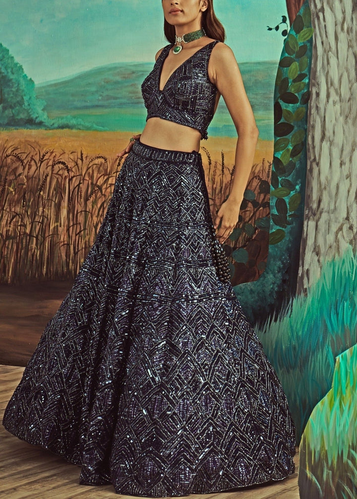 Midnight Blue Sequins and Crystal Lehenga Set Angad Singh - Fabilicious Fashion