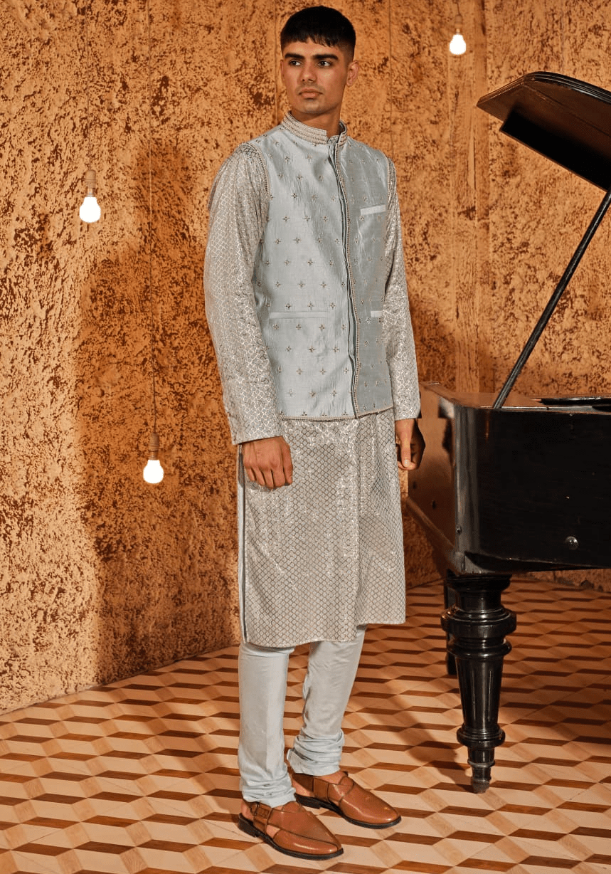Mint Blue Embroidered Bandi Kurta Set Nidhika Shekhar - Men - Fabilicious Fashion