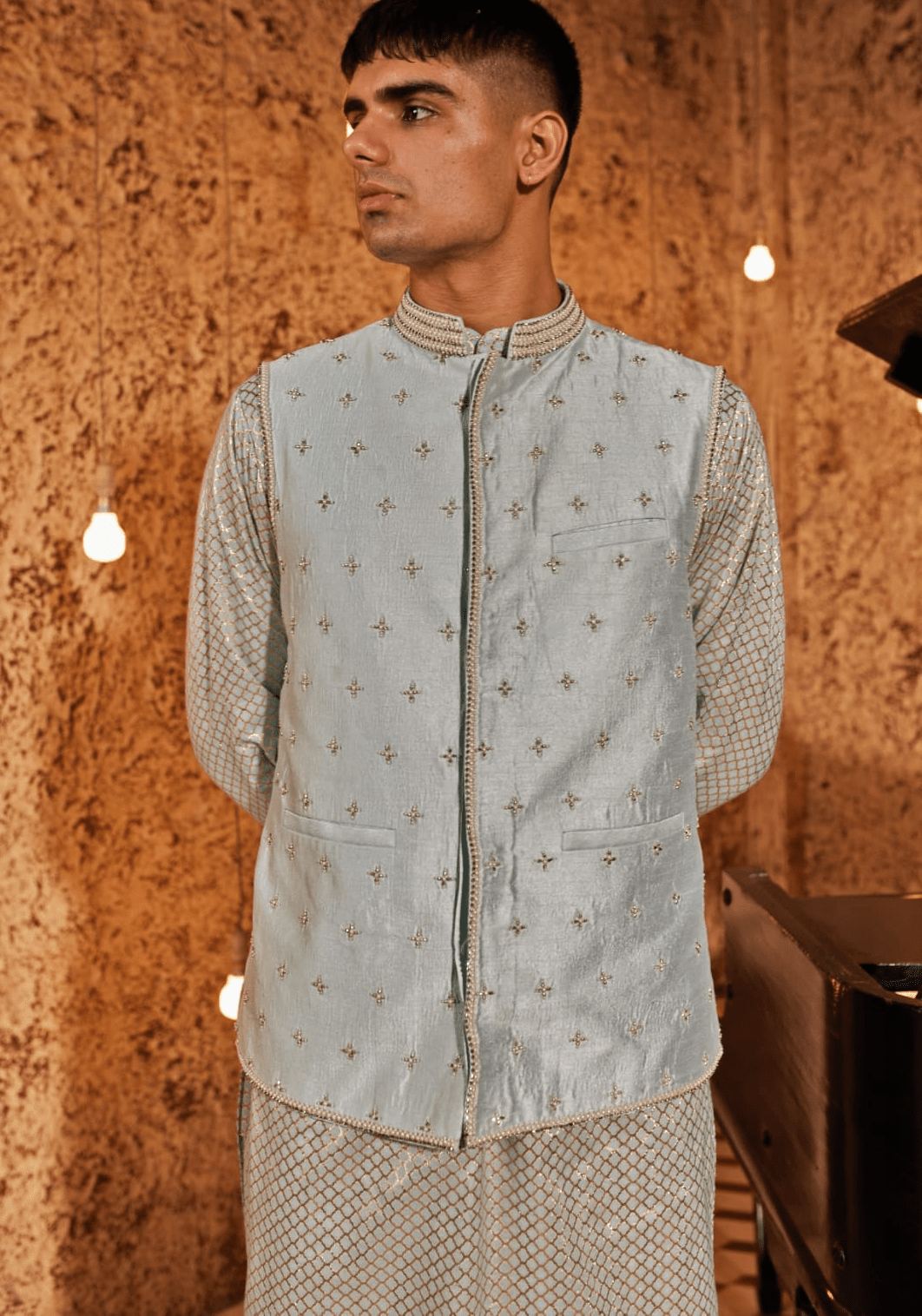 Mint Blue Embroidered Bandi Nidhika Shekhar - Men - Fabilicious Fashion