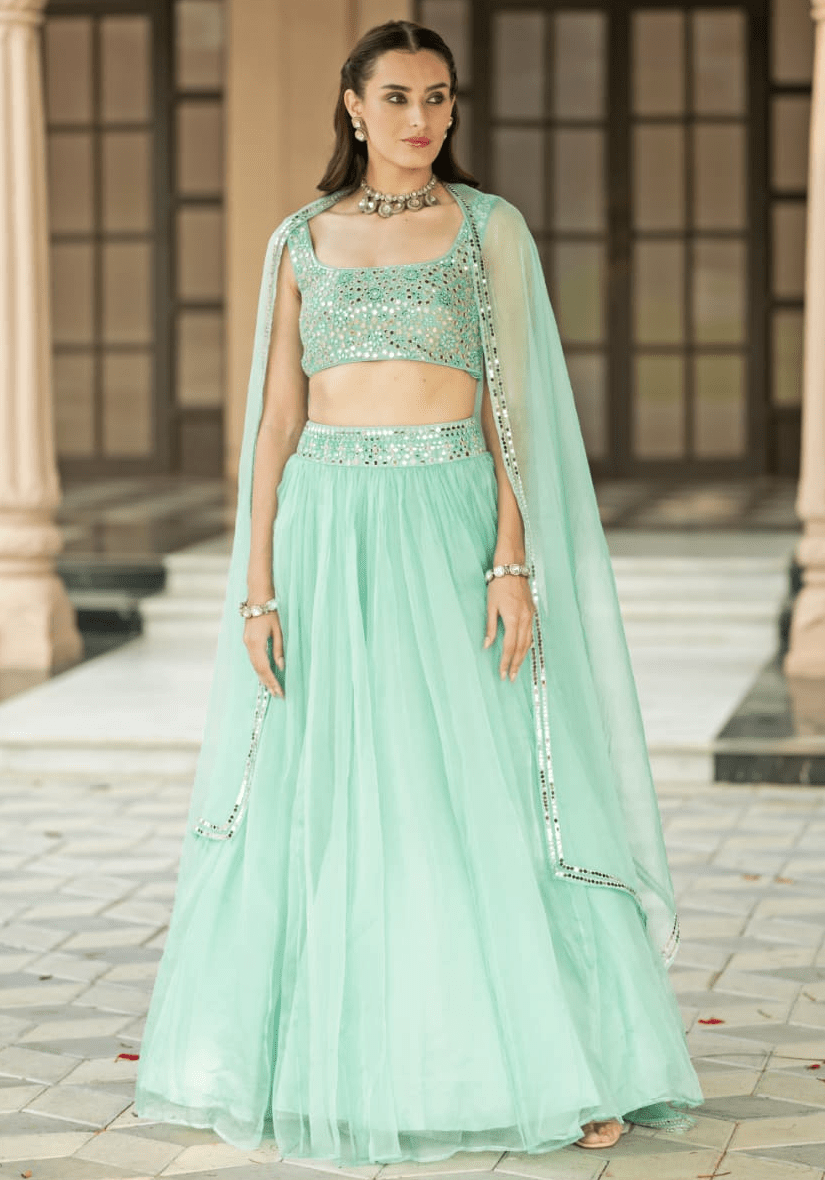 Mint Blue Organza Lehenga Set Esha Koul - Fabilicious Fashion