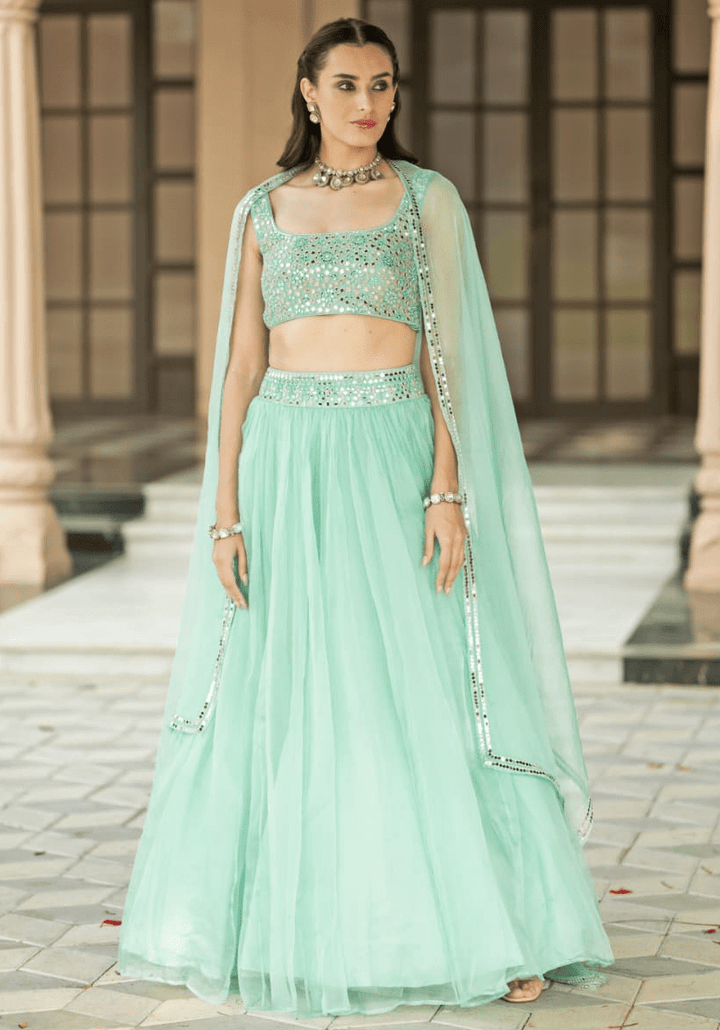 Mint Blue Organza Lehenga Set Esha Koul - Fabilicious Fashion