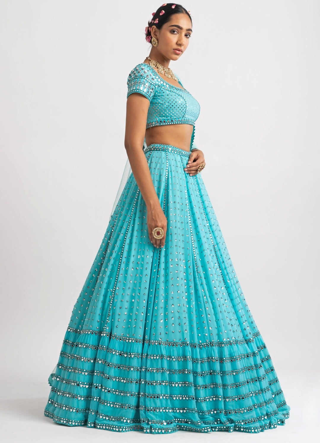 Mint Blue Single Tier Lehenga Set Vvani by Vani Vats - Fabilicious Fashion