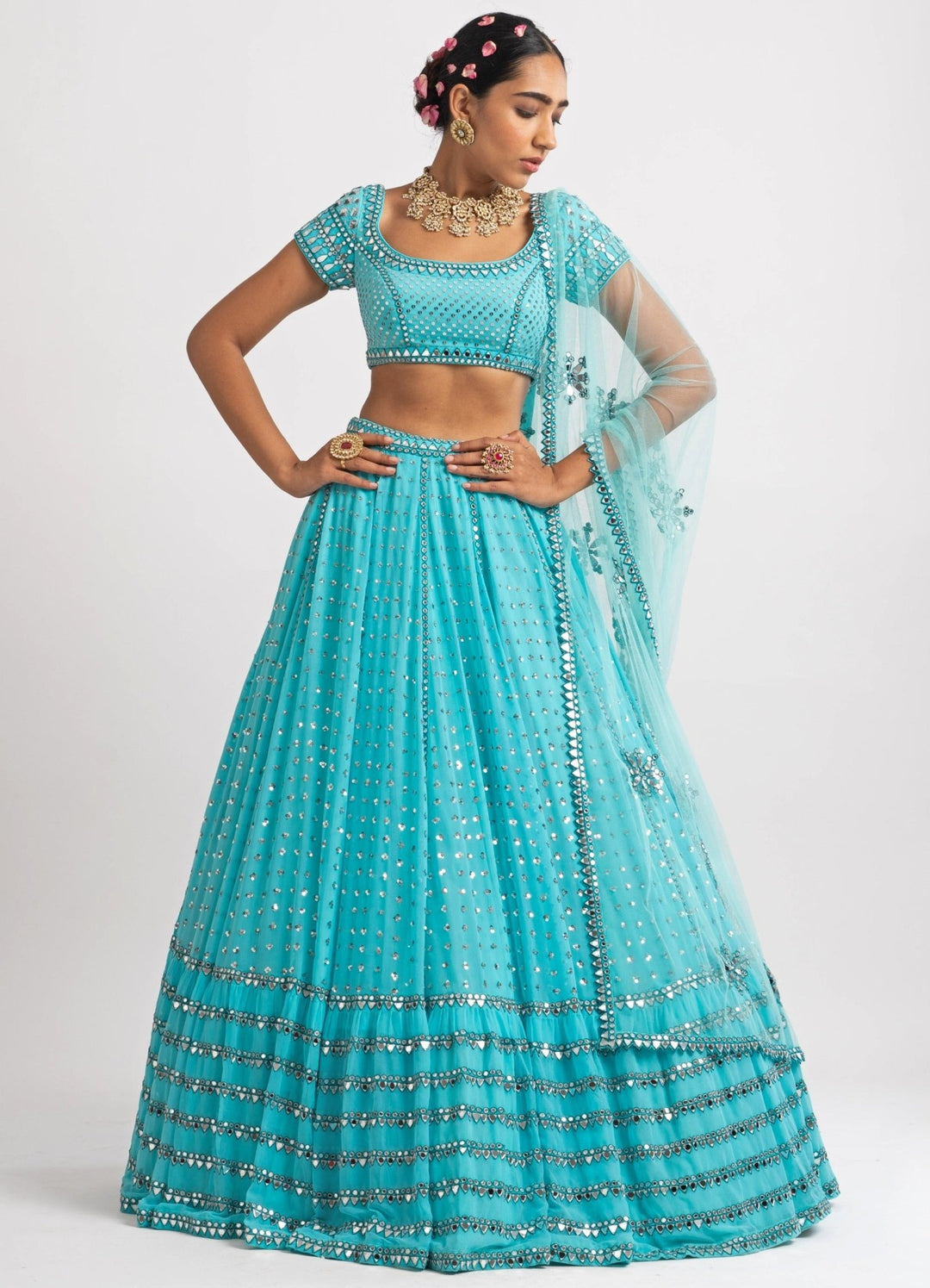 Mint Blue Single Tier Lehenga Set Vvani by Vani Vats - Fabilicious Fashion