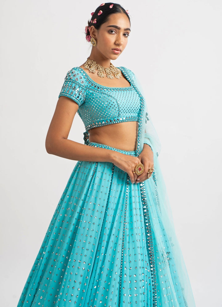 Mint Blue Single Tier Lehenga Set Vvani by Vani Vats - Fabilicious Fashion