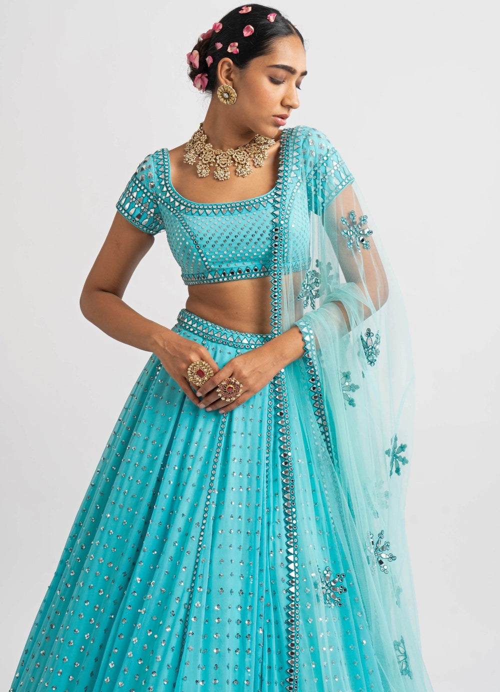 Mint Blue Single Tier Lehenga Set Vvani by Vani Vats - Fabilicious Fashion