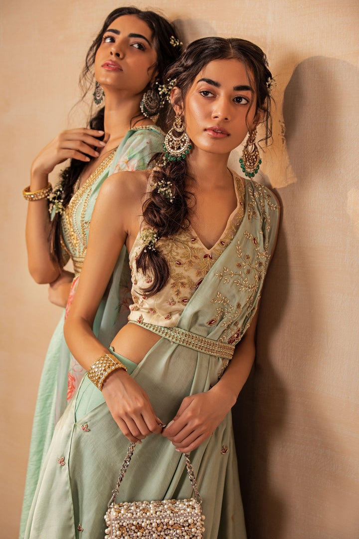 Mint Draped Saree with Peach Blouse Rashika Sharma - Fabilicious Fashion