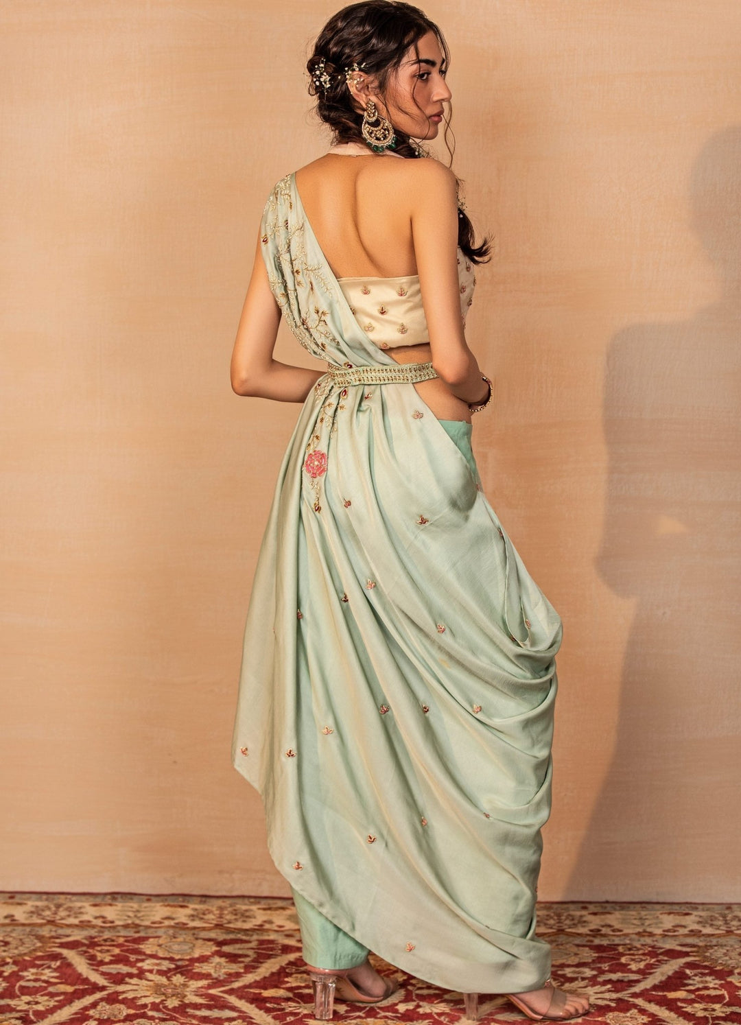 Mint Draped Saree with Peach Blouse Rashika Sharma - Fabilicious Fashion