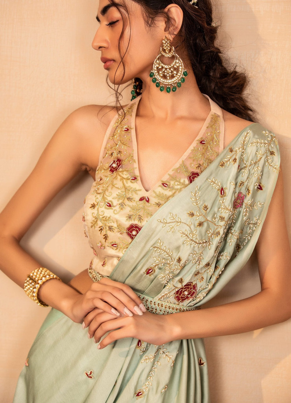 Mint Draped Saree with Peach Blouse Rashika Sharma - Fabilicious Fashion