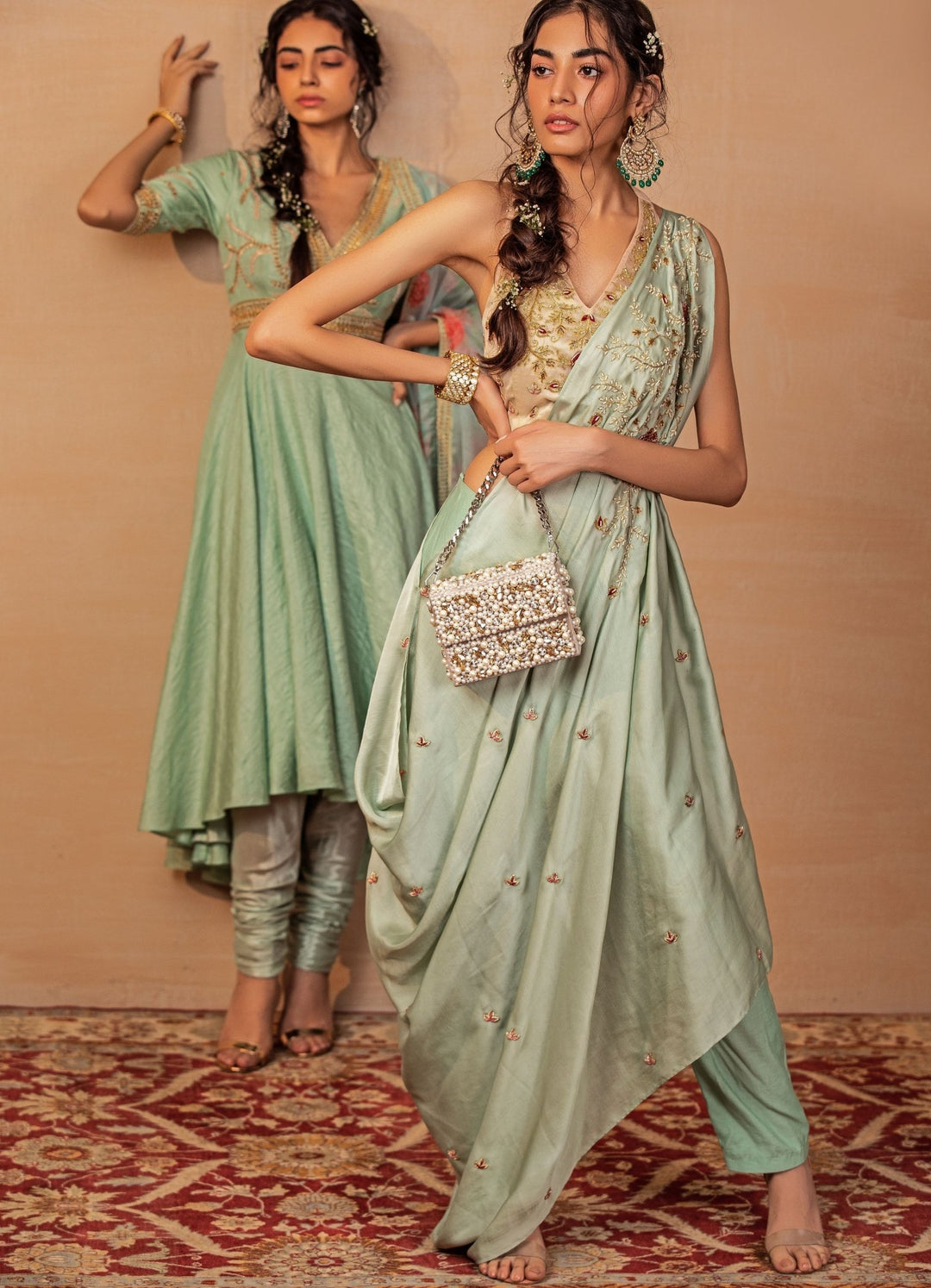Mint Draped Saree with Peach Blouse Rashika Sharma - Fabilicious Fashion