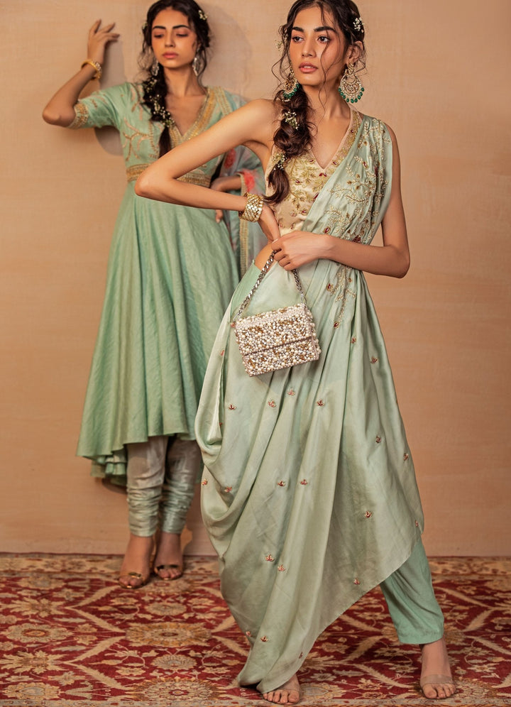 Mint Draped Saree with Peach Blouse Rashika Sharma - Fabilicious Fashion