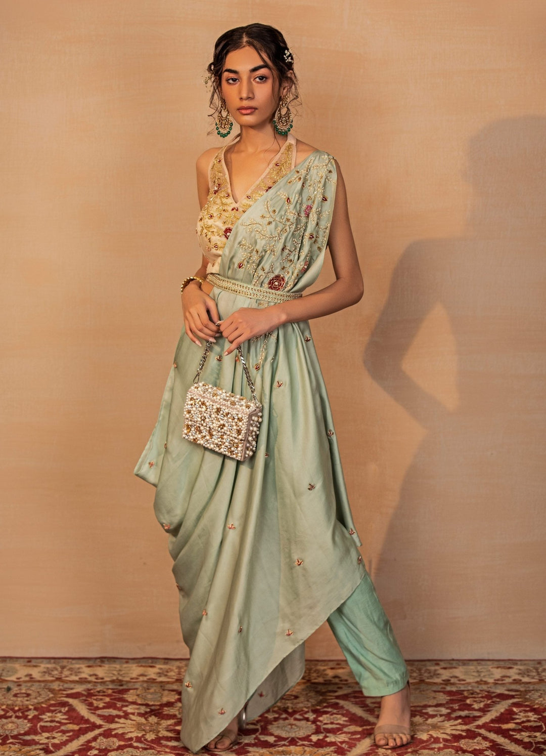 Mint Draped Saree with Peach Blouse Rashika Sharma - Fabilicious Fashion