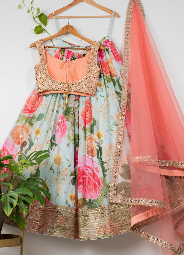 Mint Floral Lehenga With Peach Mirror Blouse and Dupatta Anisha Shetty - Fabilicious Fashion