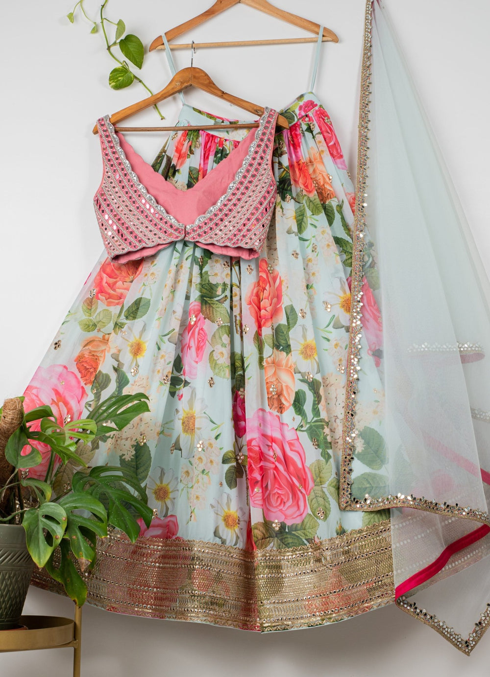 Mint Floral Lehenga With Pink Mirror Blouse and Soft Mint Blue Dupatta Anisha Shetty - Fabilicious Fashion