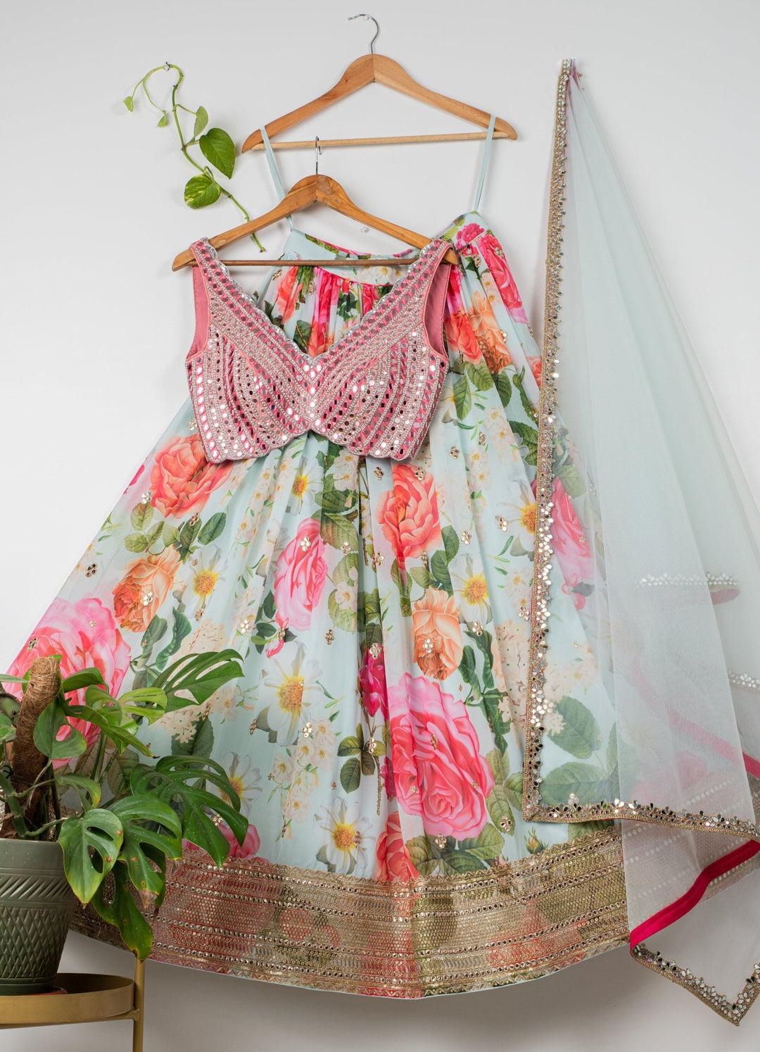 Mint Floral Lehenga With Pink Mirror Blouse and Soft Mint Blue Dupatta Anisha Shetty - Fabilicious Fashion