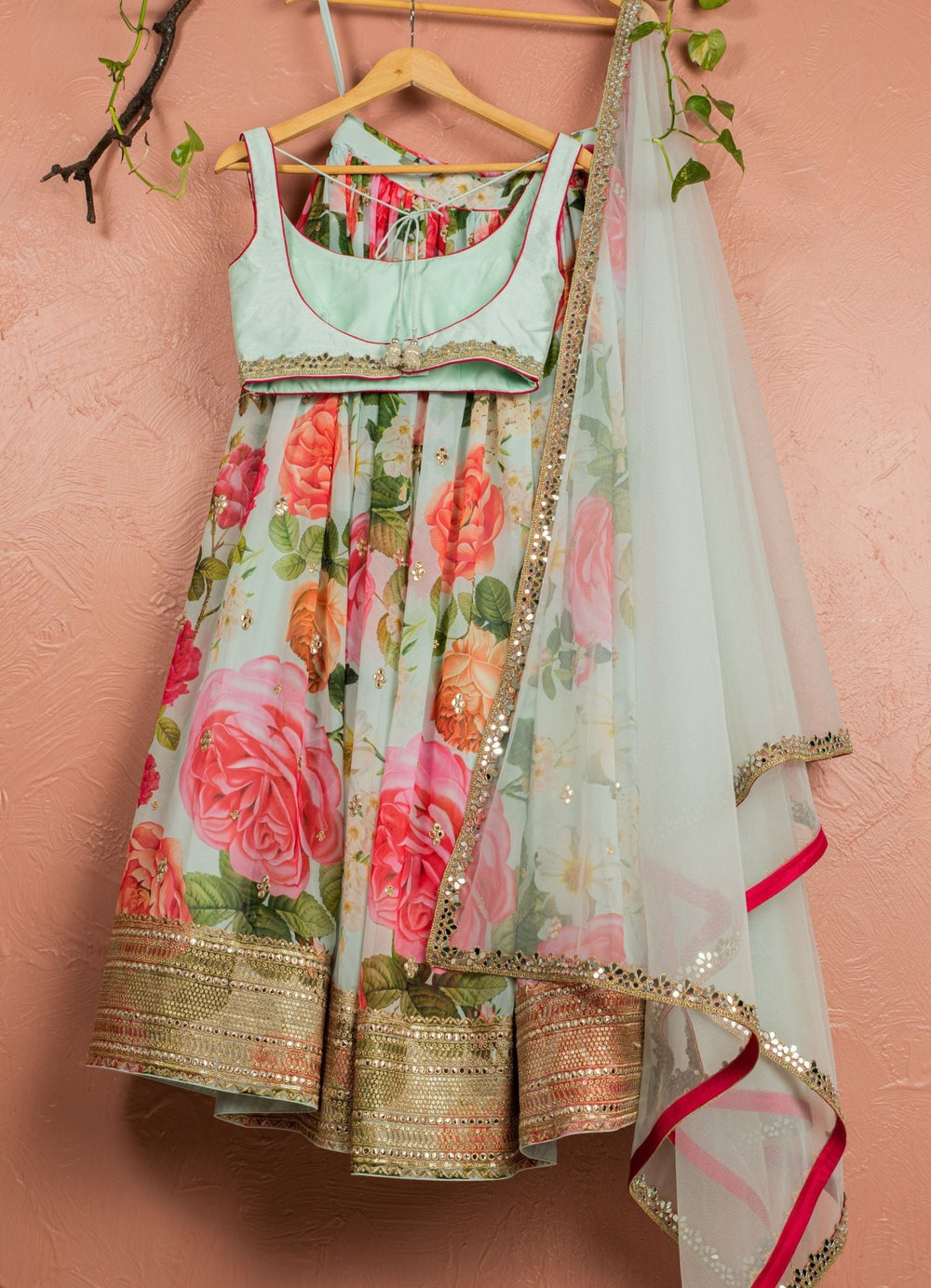 Mint Floral Lehenga With Soft Mint Blue Silk Blouse and Soft Mint Blue Dupatta Anisha Shetty - Fabilicious Fashion