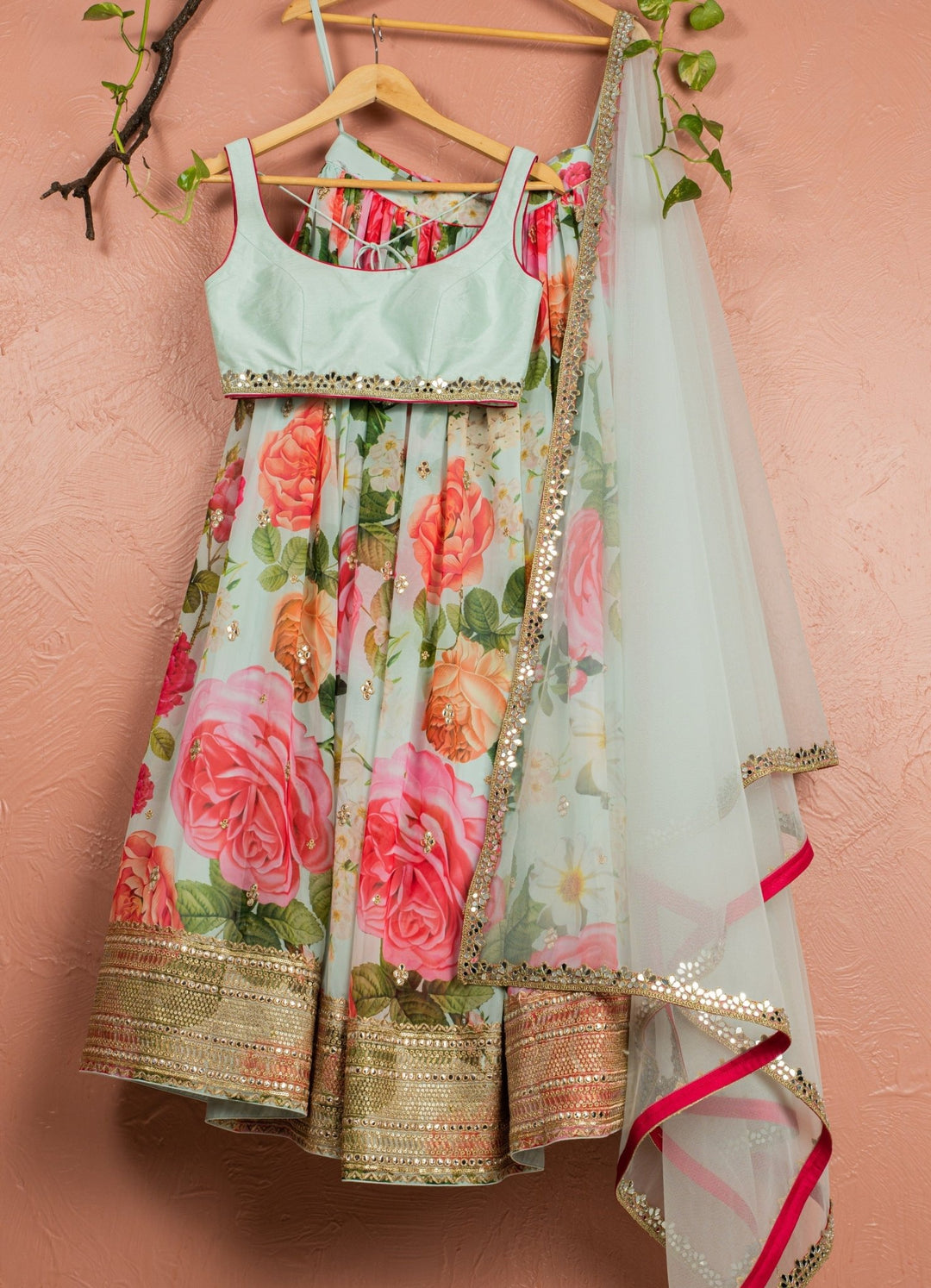 Mint Floral Lehenga With Soft Mint Blue Silk Blouse and Soft Mint Blue Dupatta Anisha Shetty - Fabilicious Fashion