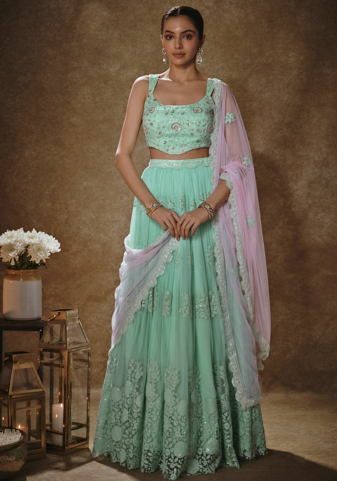 Mint Green And Blush Pink Lehenga Set Renee Label - Fabilicious Fashion
