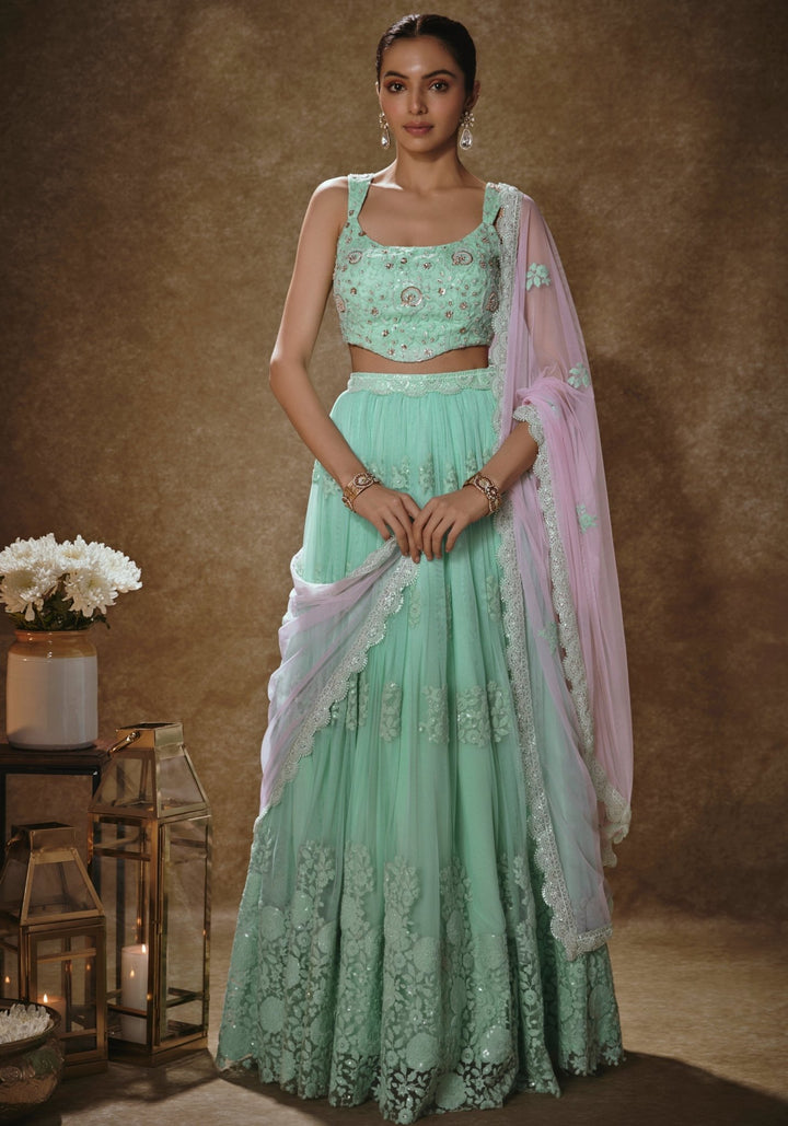 Mint Green And Blush Pink Lehenga Set Renee Label - Fabilicious Fashion
