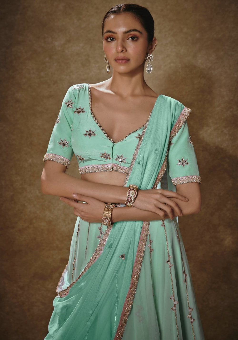 Mint Green And Gold Embroidered Lehenga Set Renee Label - Fabilicious Fashion