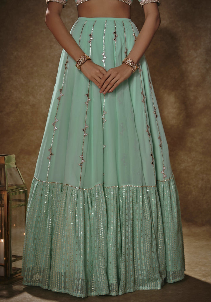 Mint Green And Gold Embroidered Lehenga Set Renee Label - Fabilicious Fashion