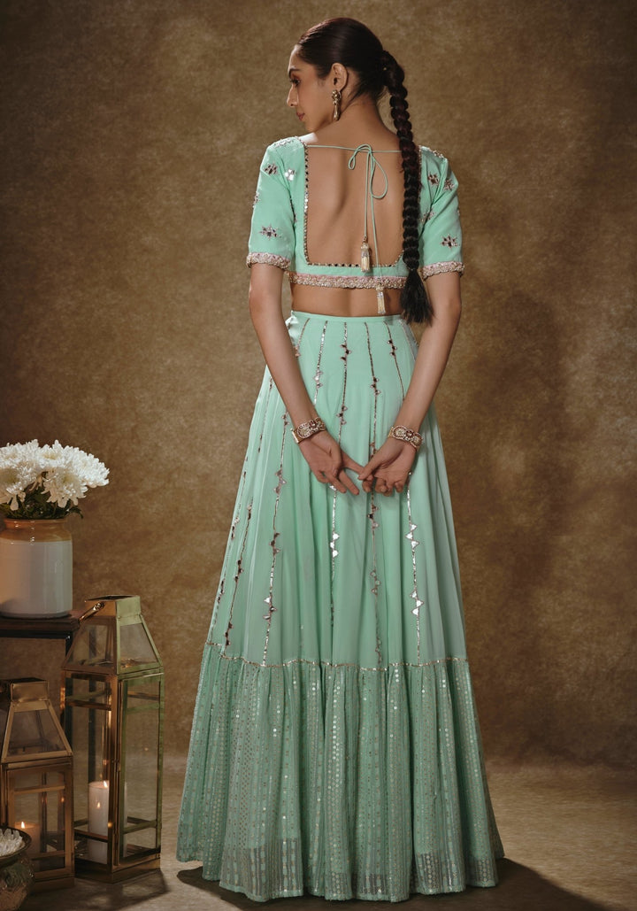 Mint Green And Gold Embroidered Lehenga Set Renee Label - Fabilicious Fashion