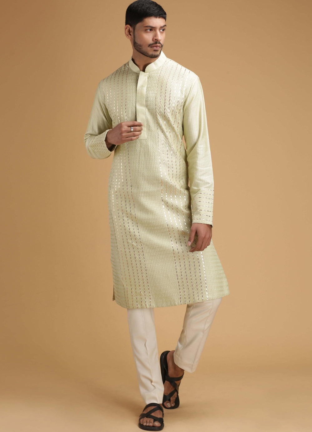 Mint Green and Silver Silk Kurta Set Chatenya Mittal - Fabilicious Fashion