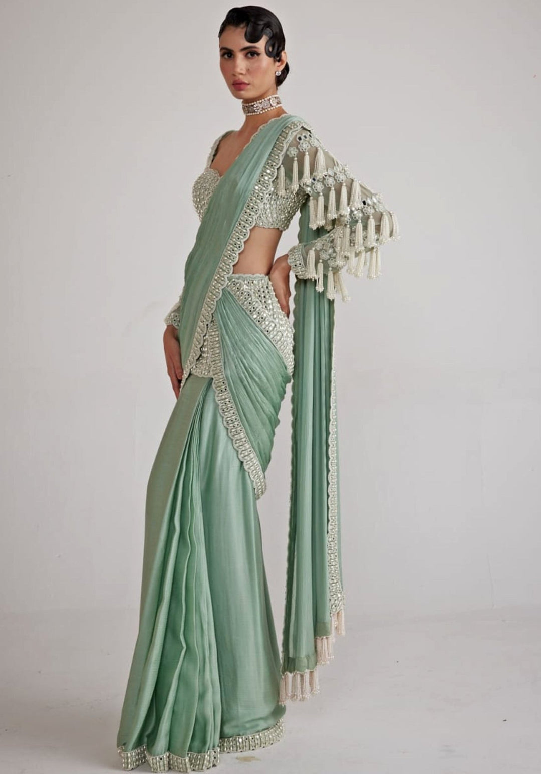 Mint Green Chandelier Drop Pre Draped Saree Set Vvani By Vani Vats - Fabilicious Fashion