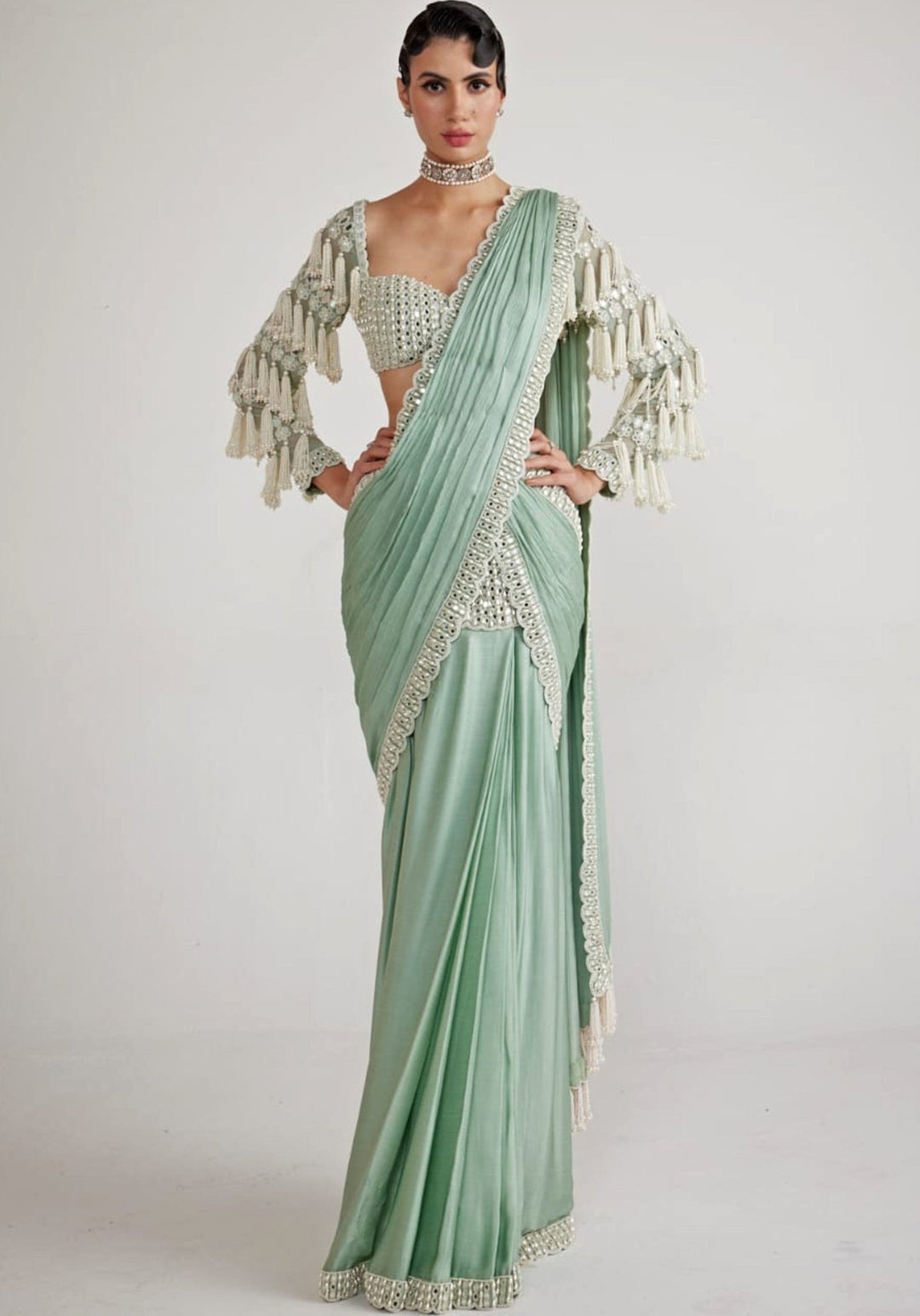Mint Green Chandelier Drop Pre Draped Saree Set Vvani By Vani Vats - Fabilicious Fashion
