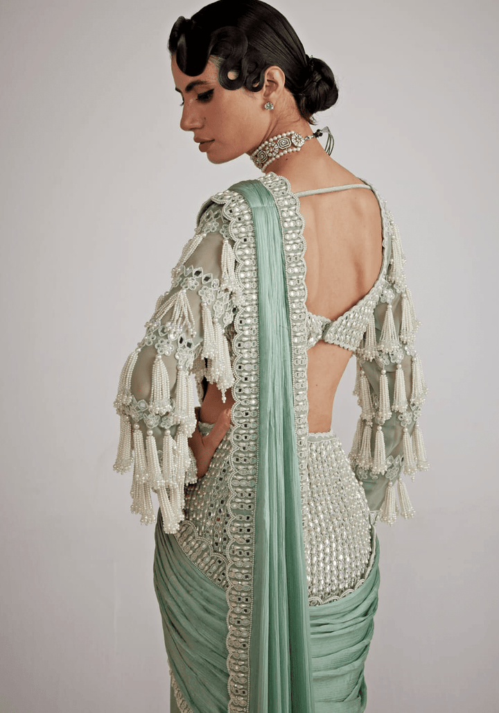 Mint Green Chandelier Drop Pre Draped Saree Set Vvani By Vani Vats - Fabilicious Fashion