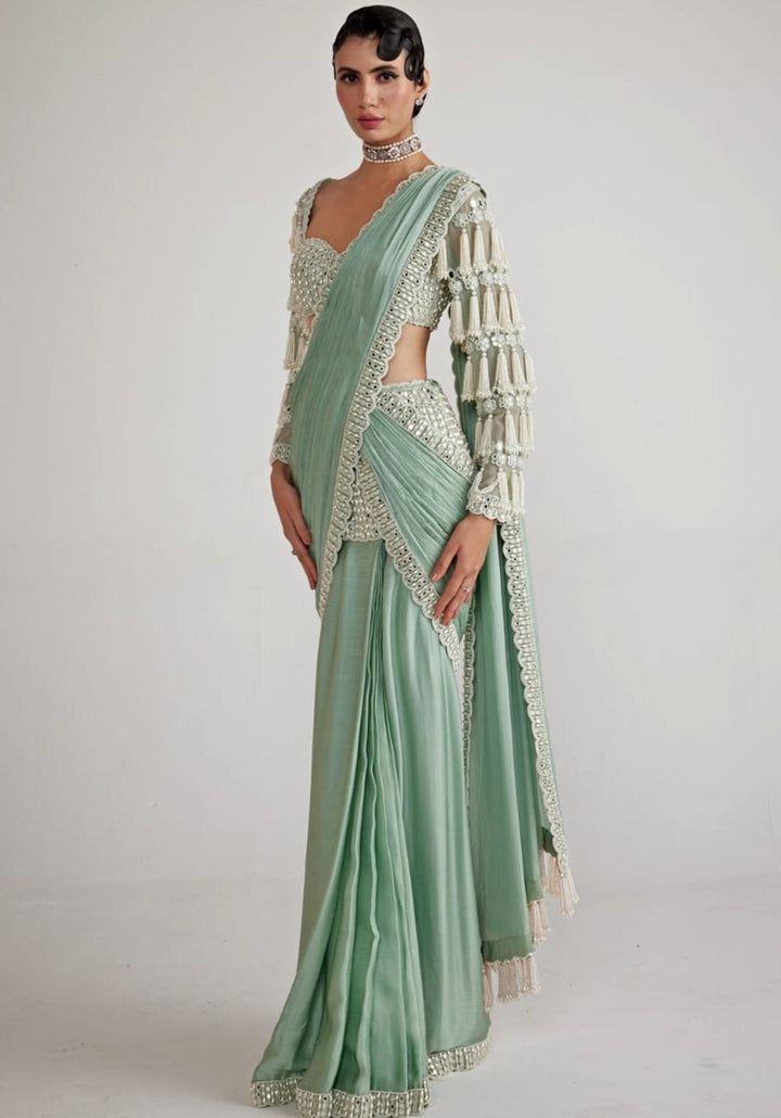 Mint Green Chandelier Drop Pre Draped Saree Set Vvani By Vani Vats - Fabilicious Fashion