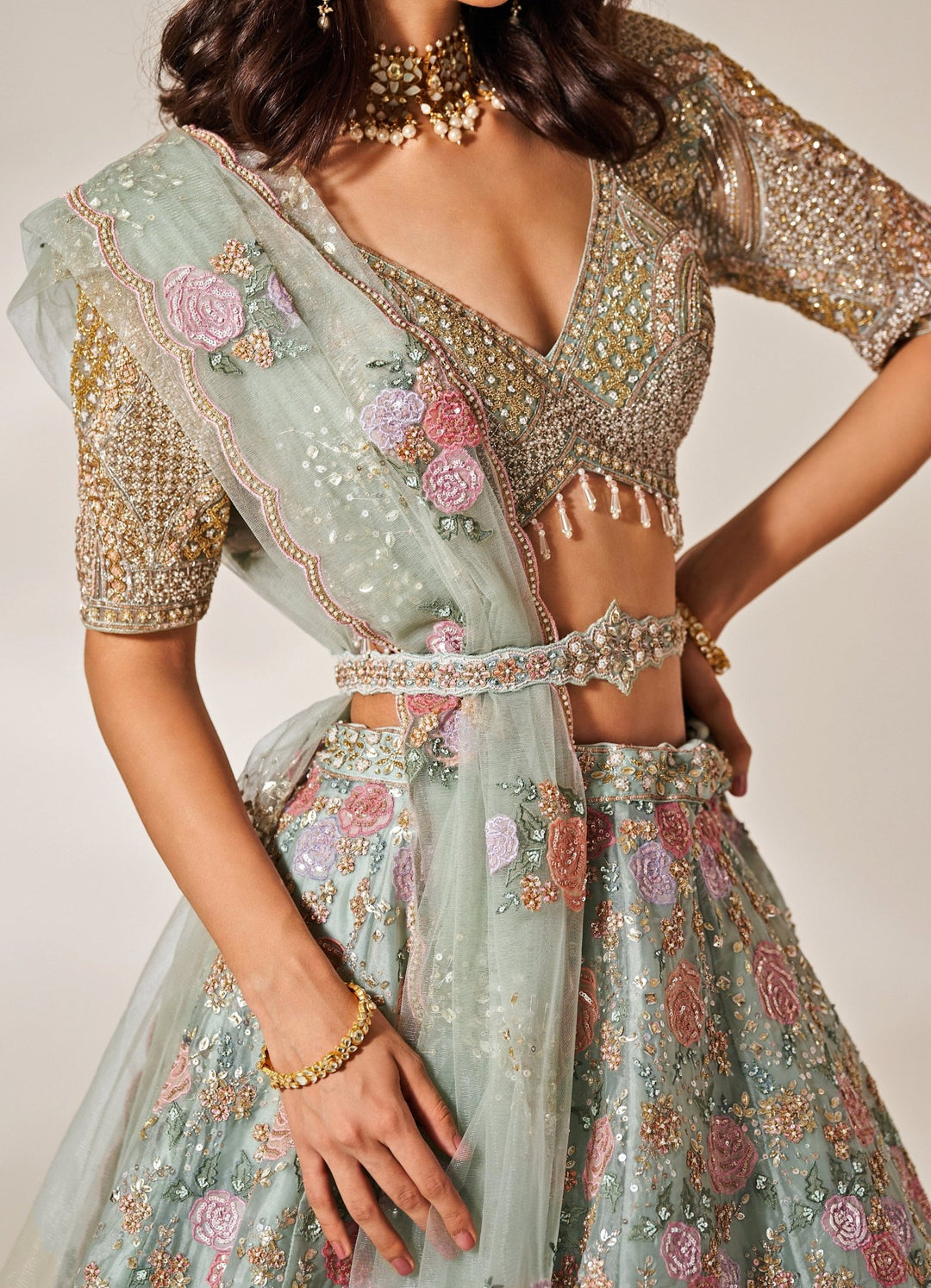 Mint Green Embroidered Organza Lehenga Set Studio Iris - Fabilicious Fashion