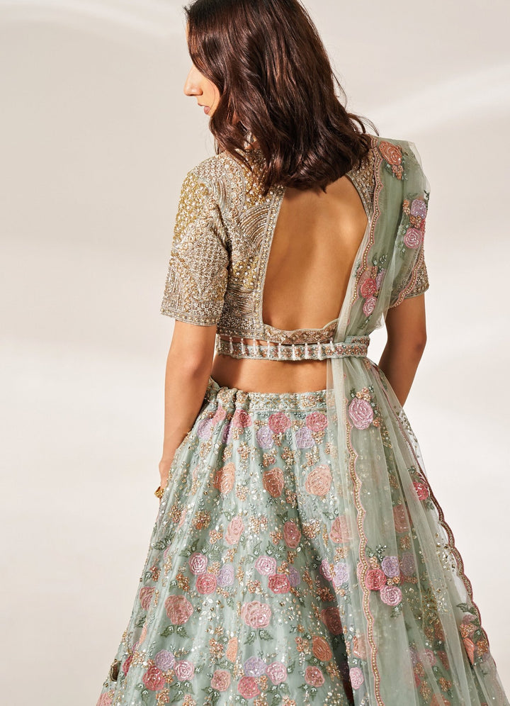 Mint Green Embroidered Organza Lehenga Set Studio Iris - Fabilicious Fashion