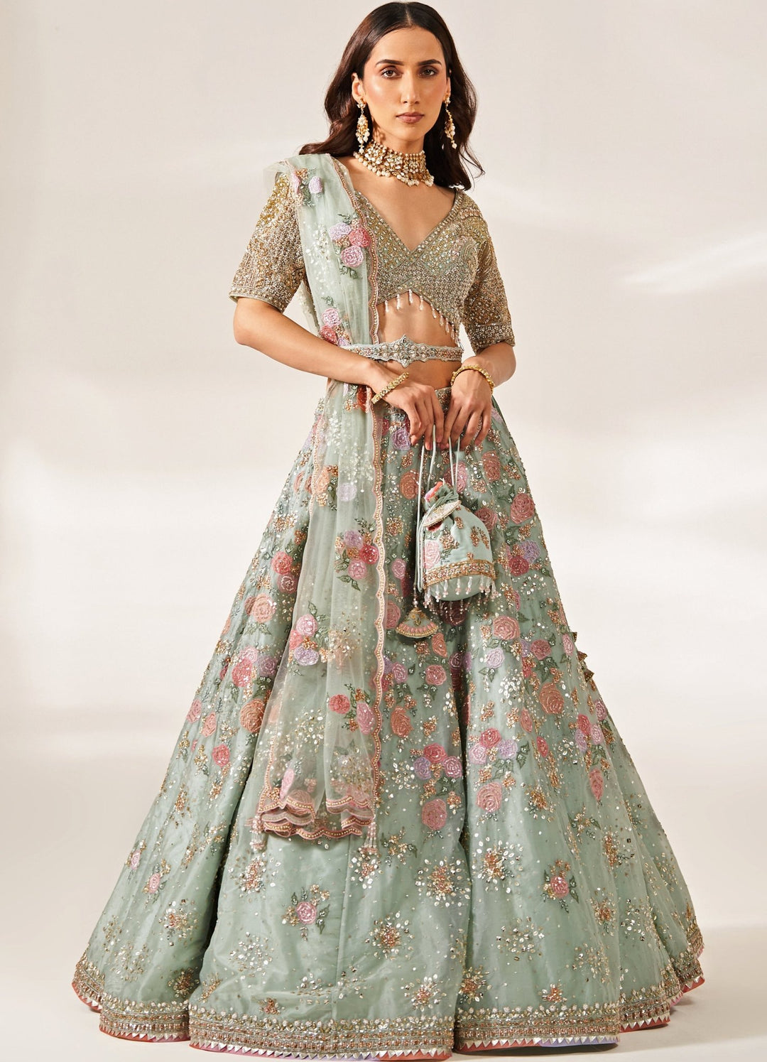 Mint Green Embroidered Organza Lehenga Set Studio Iris - Fabilicious Fashion