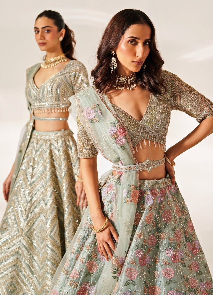 Mint Green Embroidered Organza Lehenga Set Studio Iris - Fabilicious Fashion