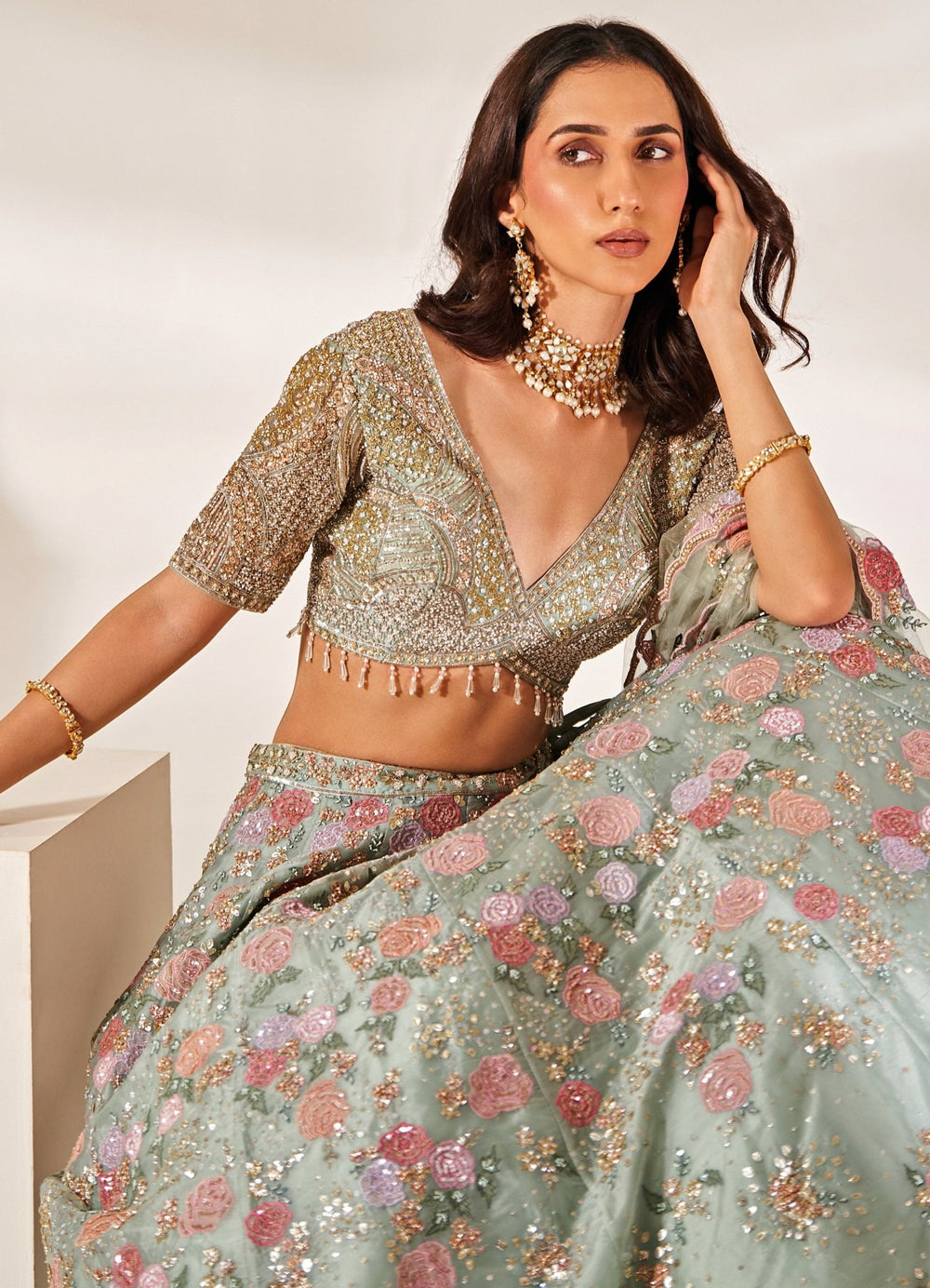 Mint Green Embroidered Organza Lehenga Set Studio Iris - Fabilicious Fashion