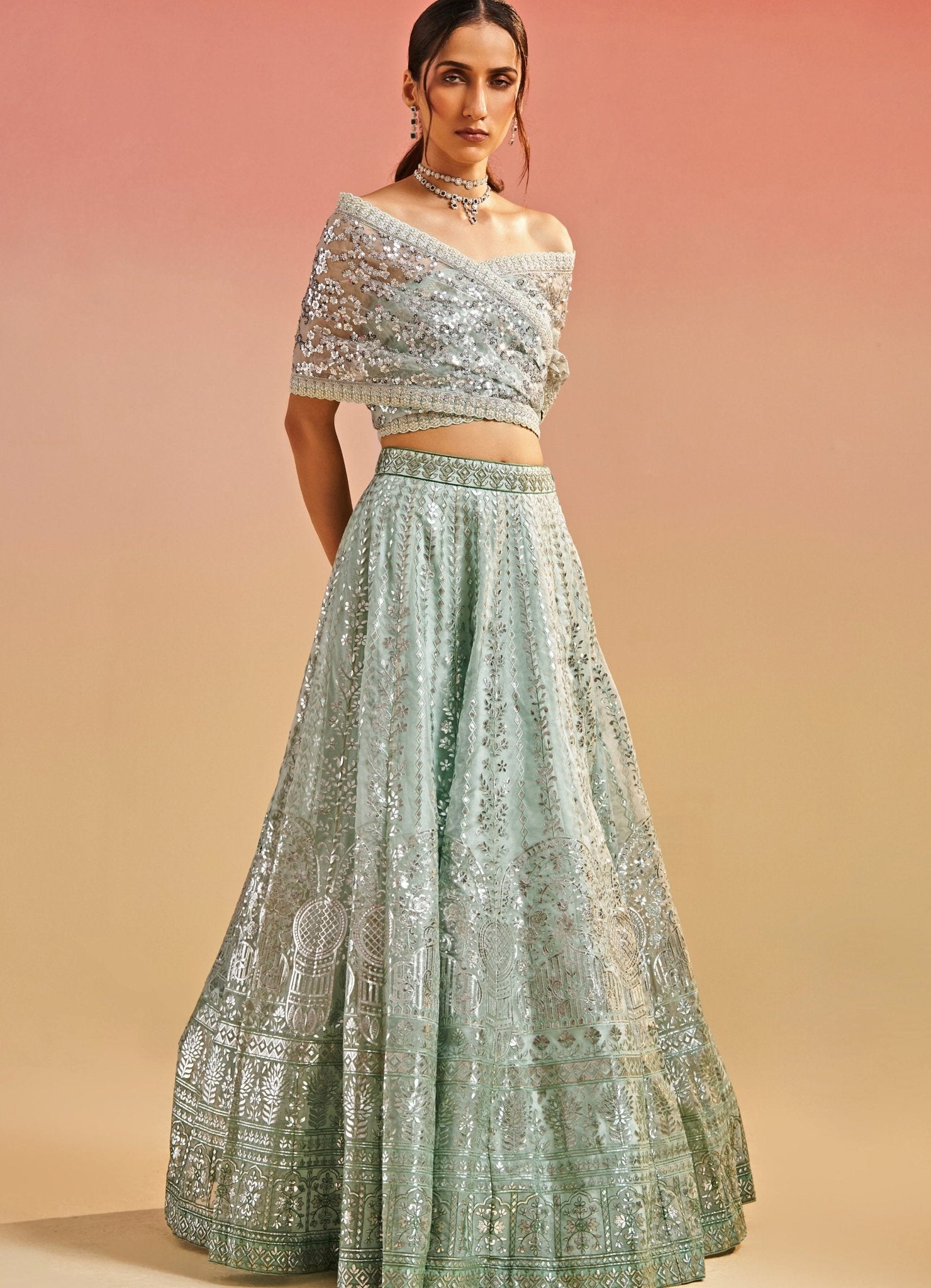 Studio Iris mint green foil work organza lehenga — modern blouse lehenga for wedding guest