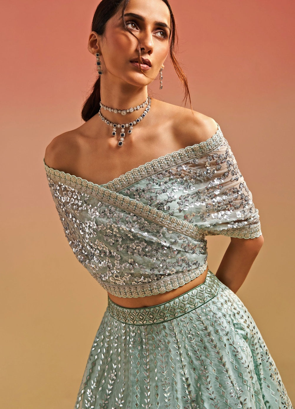 Mint Green Foil Work Organza Lehenga Set Studio Iris - Fabilicious Fashion