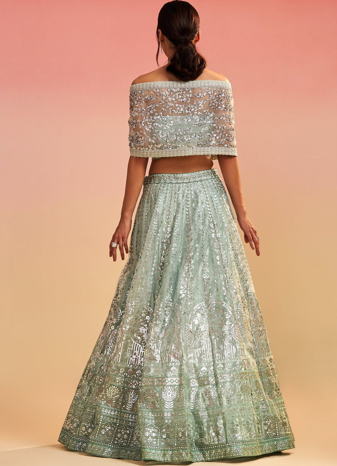 Mint Green Foil Work Organza Lehenga Set Studio Iris - Fabilicious Fashion