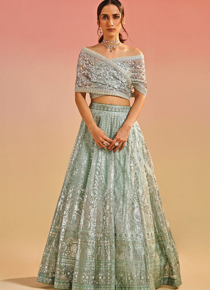 Mint Green Foil Work Organza Lehenga Set Studio Iris - Fabilicious Fashion