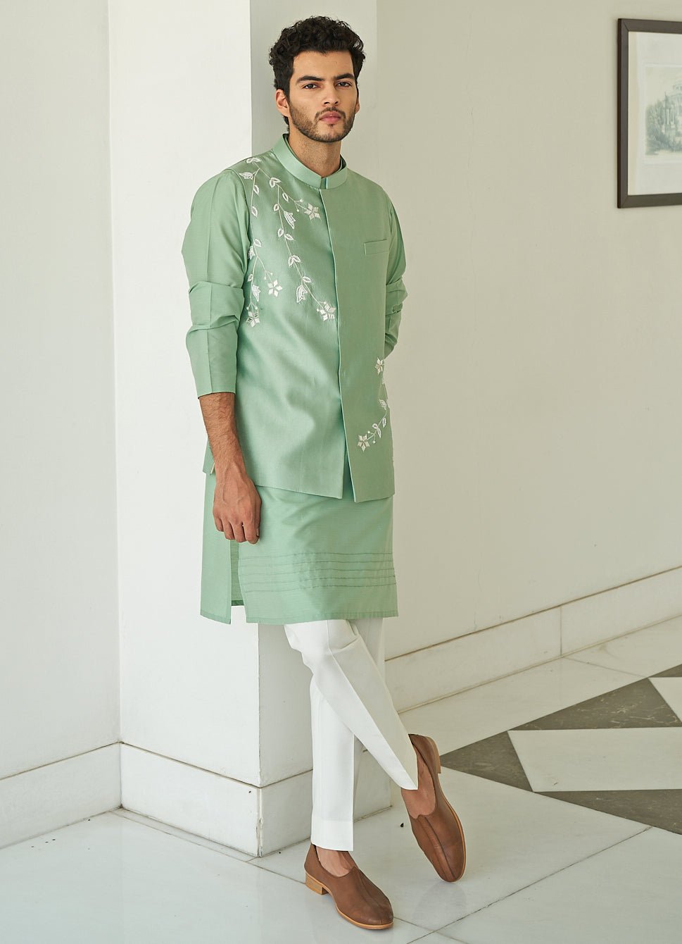 Aspen green jacket set — mens festive wear with modern layering for Eid
